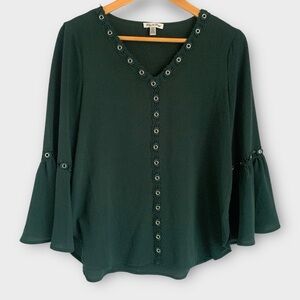 Grey & Gray Eyelet Bell Sleeve Blouse